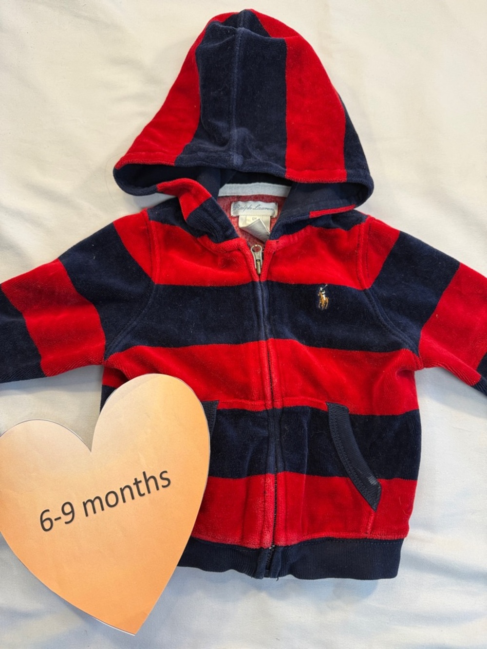 Ralph Lauren - Full Zip red/navy hooded Velour Baby jacket/hoodie